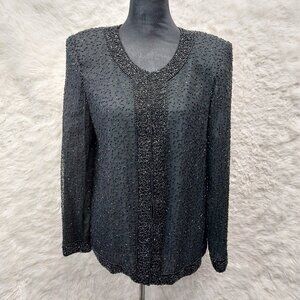 Laurence Kazar New York Jacket Black Silk Formal Round Neck Beads Lined L